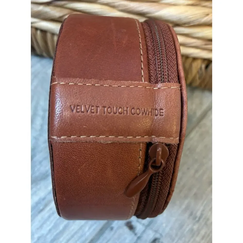 Vintage Dopp Buxton Leather Travel Jewelry Case Round Tan Deadstock 1980s
